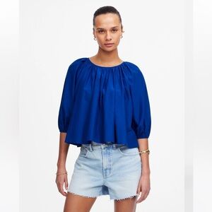 Madewell Shirred Puff-Sleeve Top in Cotton-Silk Voile size SM blue new